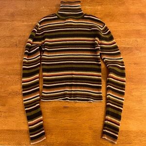 Y2k 100% Cotton Ribbed Striped Turtleneck Sweater - Multicolor